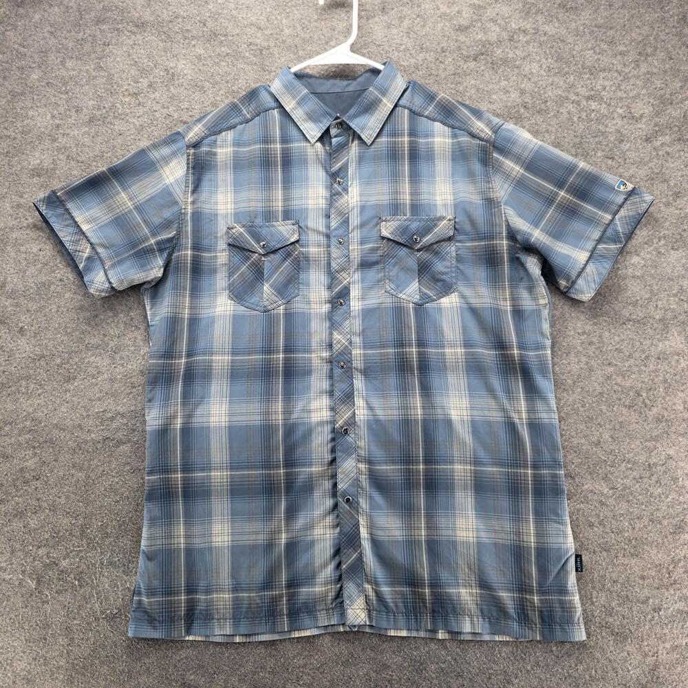 KÜHL Shirt Mens L Blue Plaid Short Sleeve Button Up Regular Fit Pockets